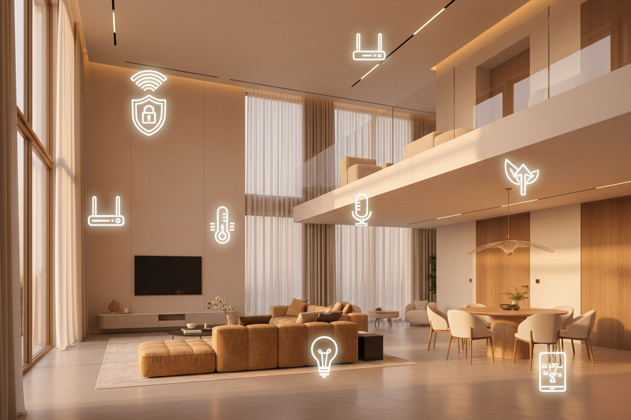 背景可以是室内2层楼那种吗？或者大一些，可以体现smart home的感觉