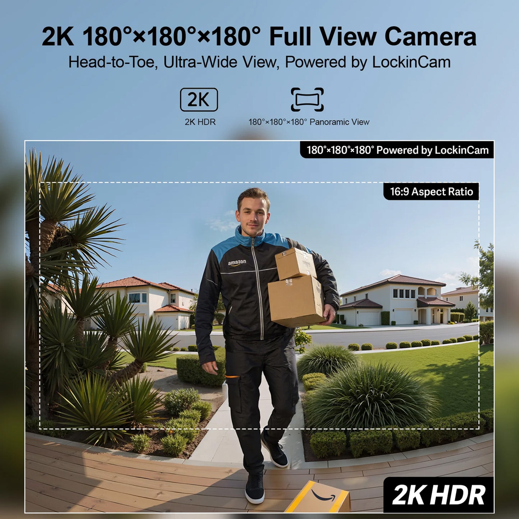 Man carrying boxes with a 2K 180°×180°×180° Full View Camera overlay showing its capabilities.