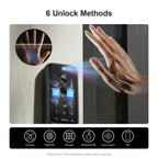 Digital door lock with 6 unlock methods displayed on a white background