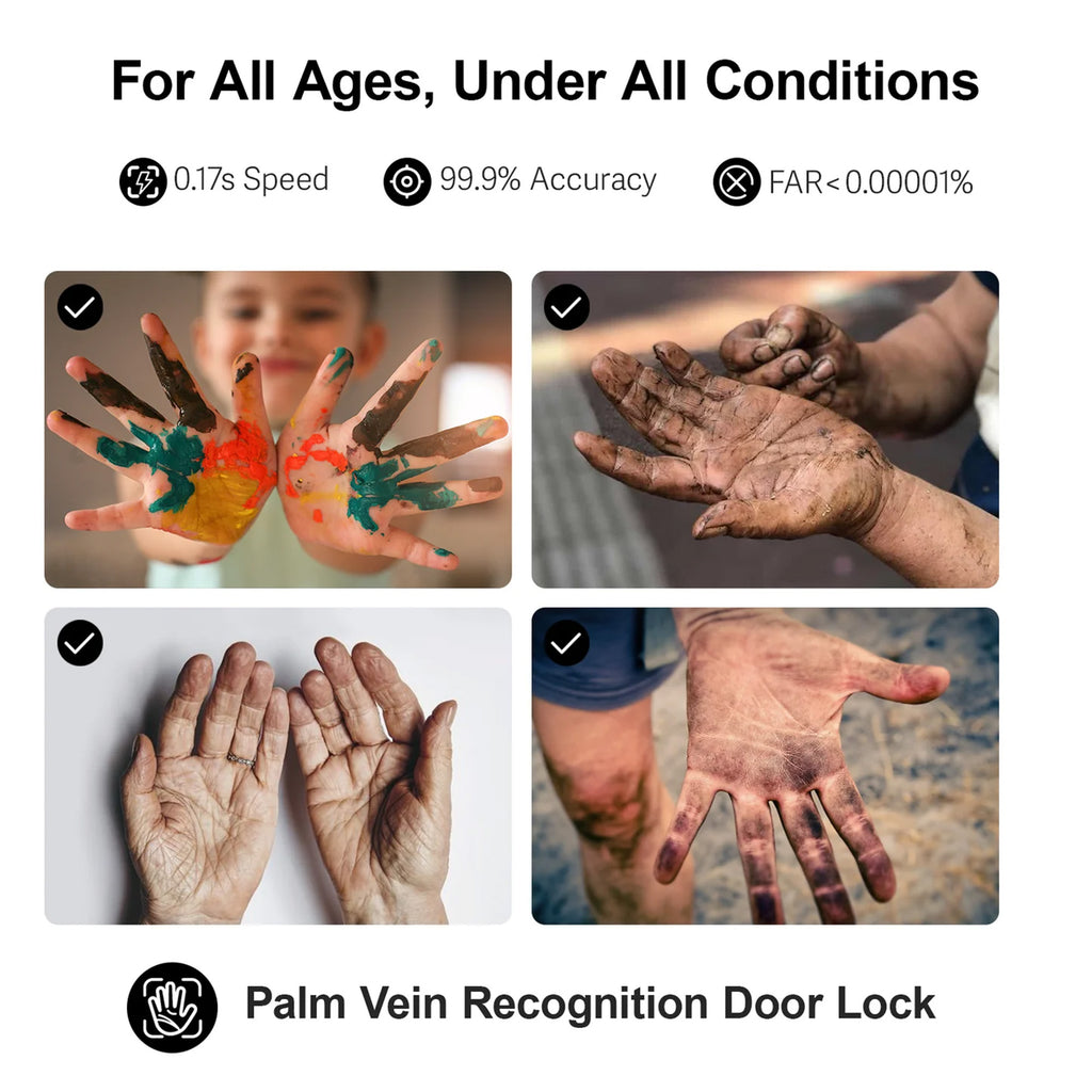 Advertisement for palm vein recognition door lock with images of hands and text about speed, accuracy, and reliability.