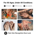 Advertisement for palm vein recognition door lock with images of hands and text about speed, accuracy, and reliability.