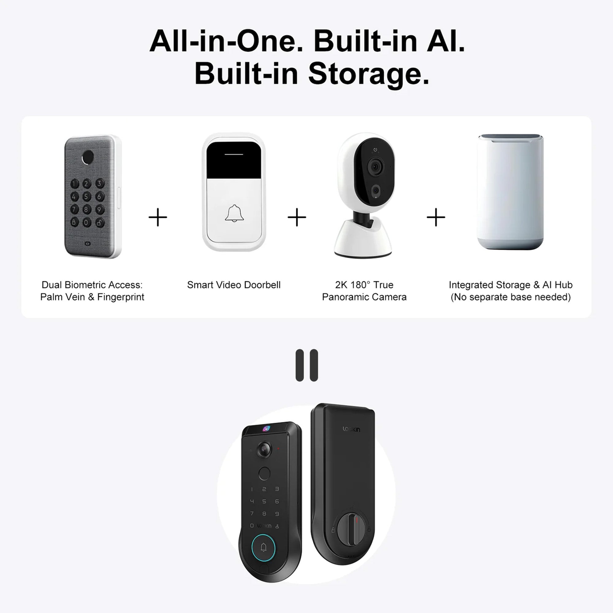Smart home security system with biometric access, doorbell, camera, and storage hub on a white background.