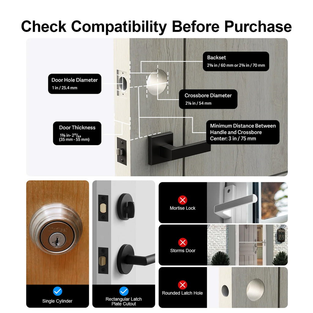Door handle compatibility check guide with measurements and examples on a white background.