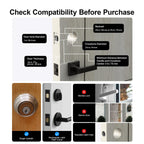 Door handle compatibility check guide with measurements and examples on a white background.