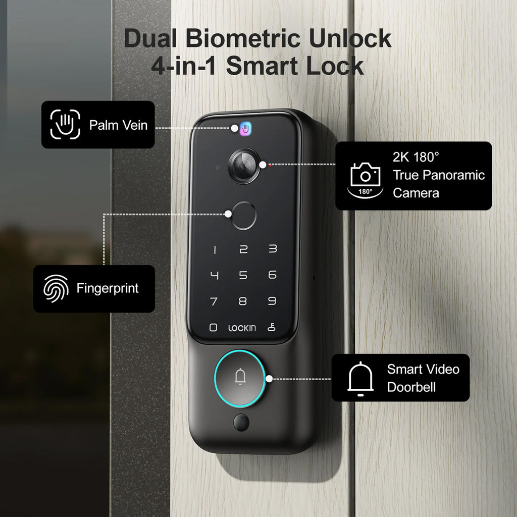 Smart lock with biometric unlocking options and camera features on a wooden door.