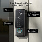 Smart lock with biometric unlocking options and camera features on a wooden door.