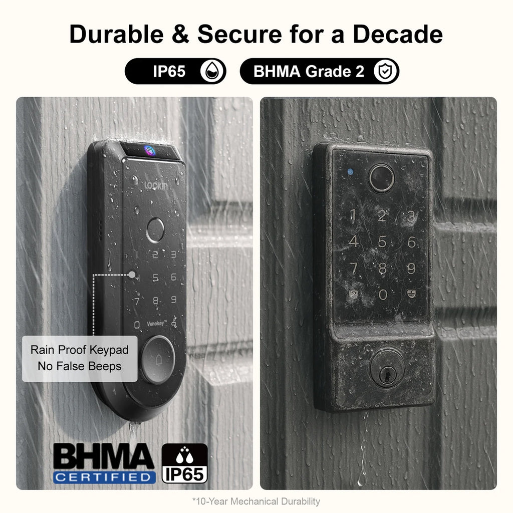 Digital door keypad on a wooden door with rainproof feature and certification logos.