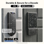 Digital door keypad on a wooden door with rainproof feature and certification logos.