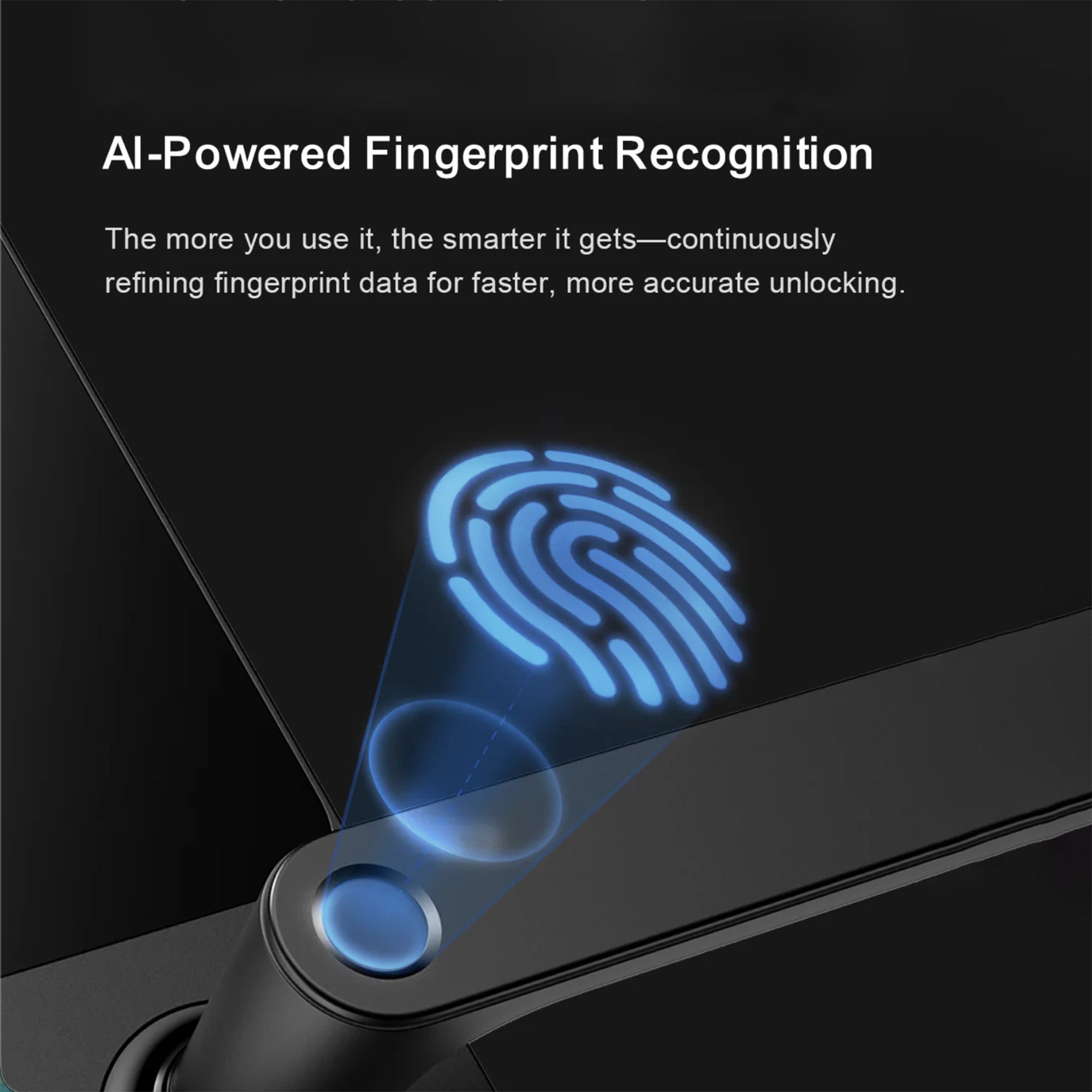 AI-powered fingerprint recognition technology with a glowing blue fingerprint on a dark background.