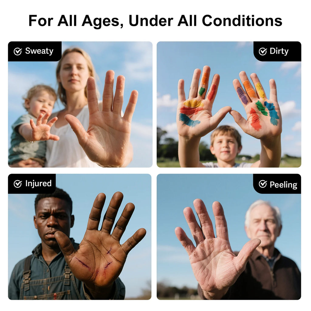 Four scenarios showing hands under different conditions with text labels.