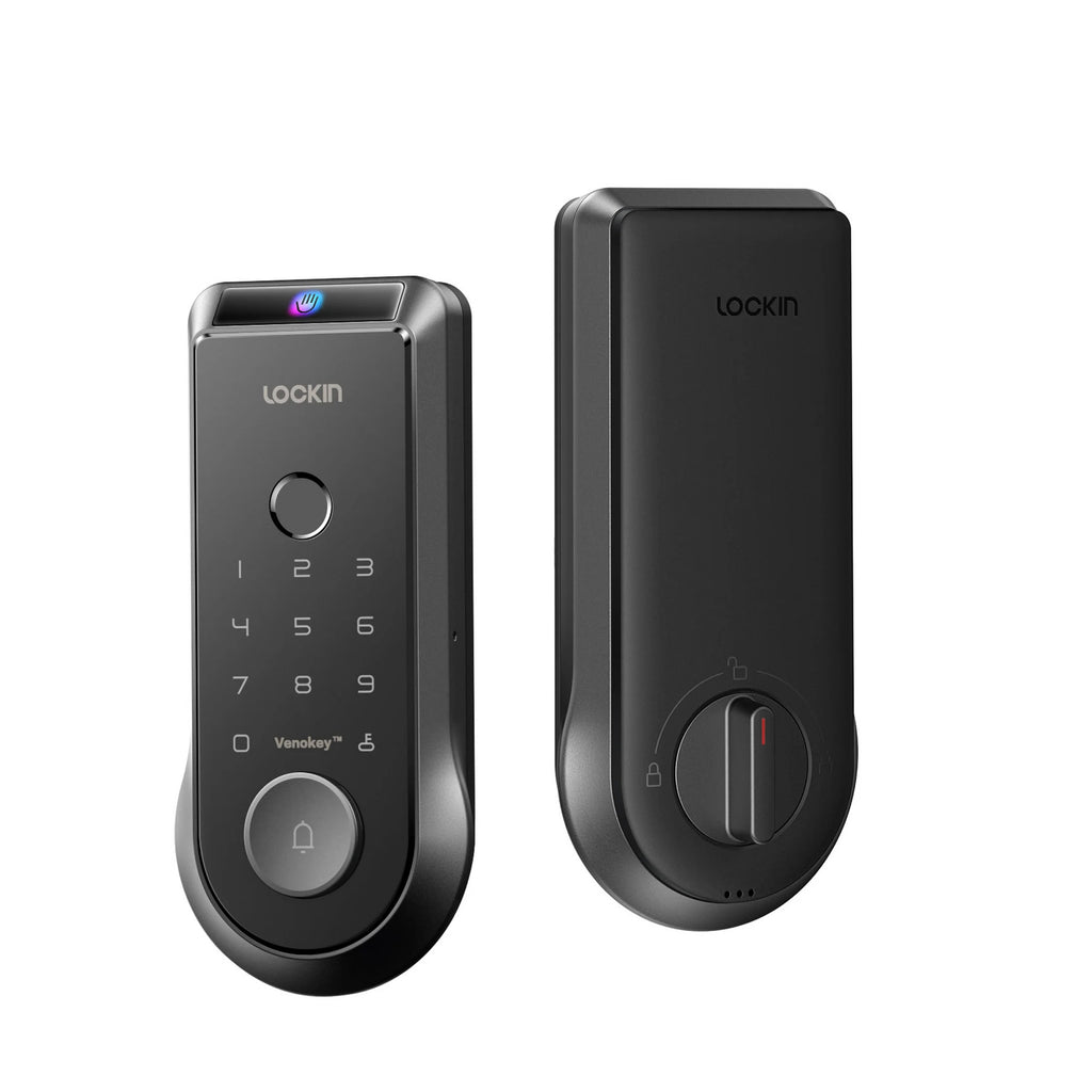 Black electronic door lock system with keypad and handle on a white background