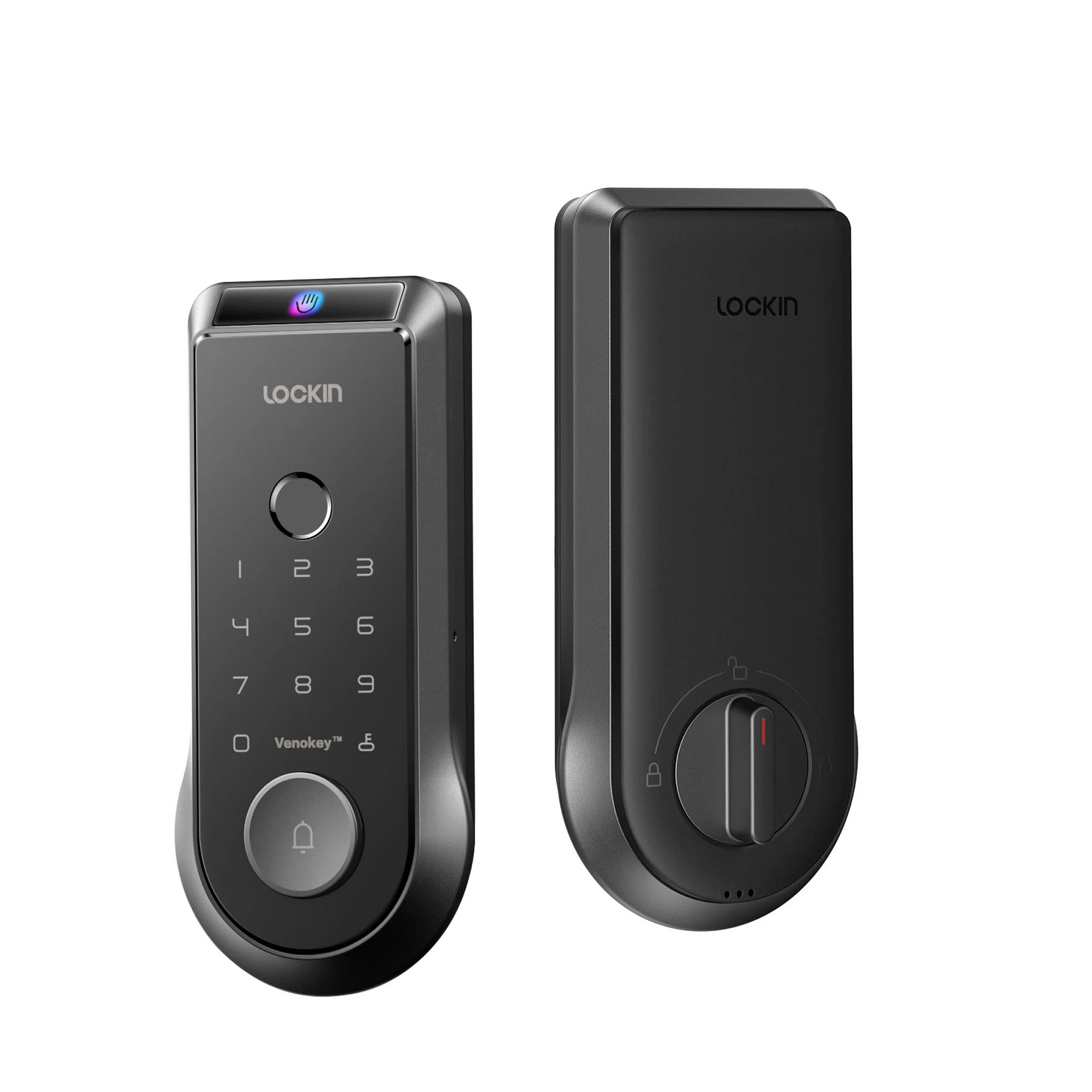 Black electronic door lock system with keypad and handle on a white background