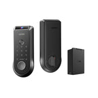 Smart lock system with keypad, handle, and electric box on a white background