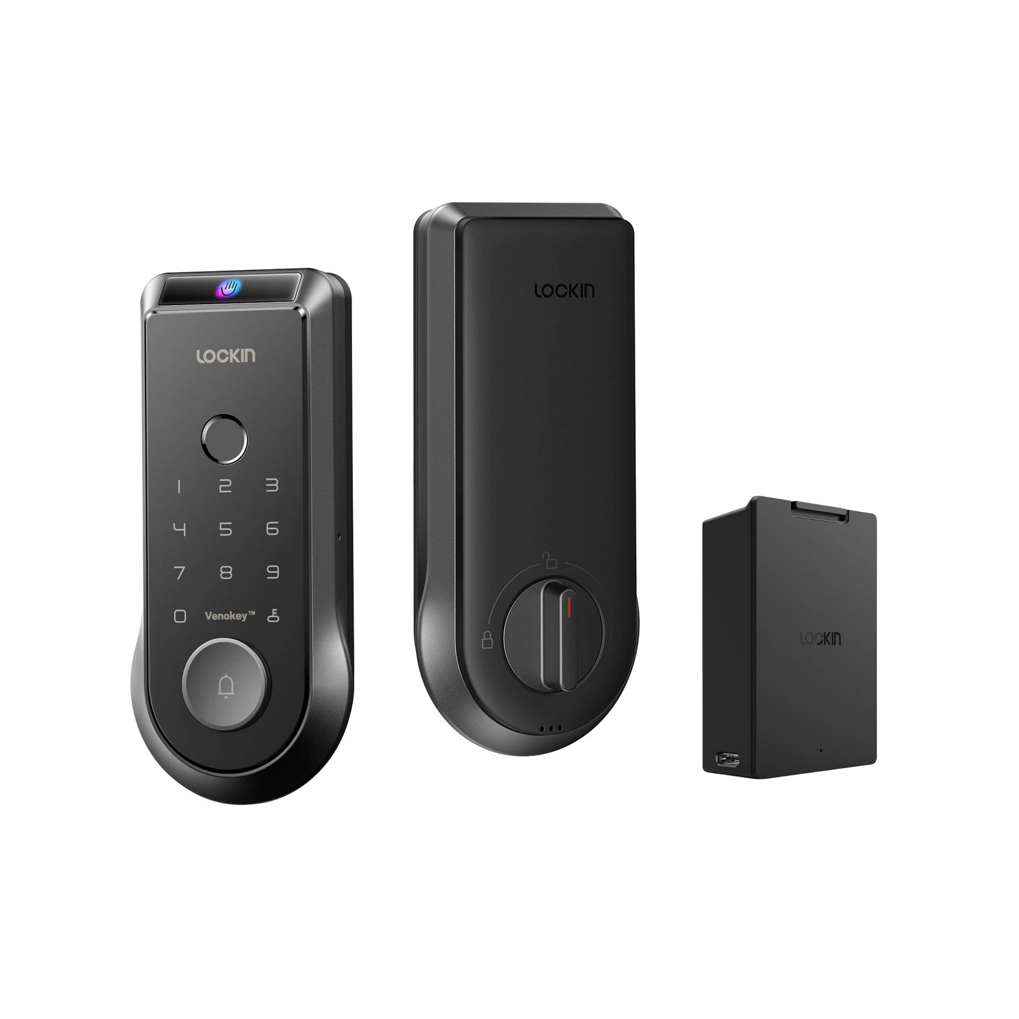 Smart lock system with keypad, handle, and electric box on a white background