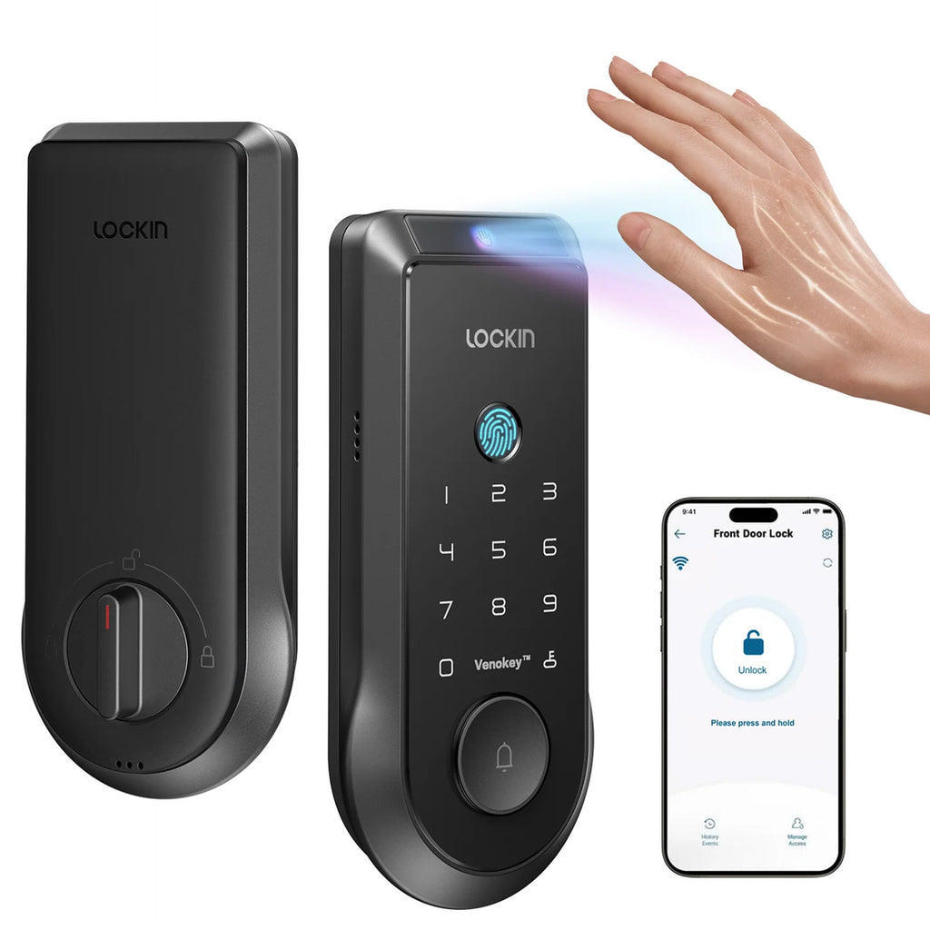 Smart door lock system with fingerprint reader, keypad, and smartphone app on a white background