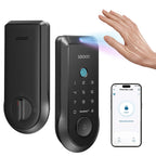 Smart door lock system with fingerprint reader, keypad, and smartphone app on a white background