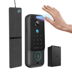 Smart doorbell system with touchpad, speaker, and hand gesture recognition on a white background