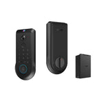 Set of smart lock components including a keypad, lock body, and battery pack on a white background