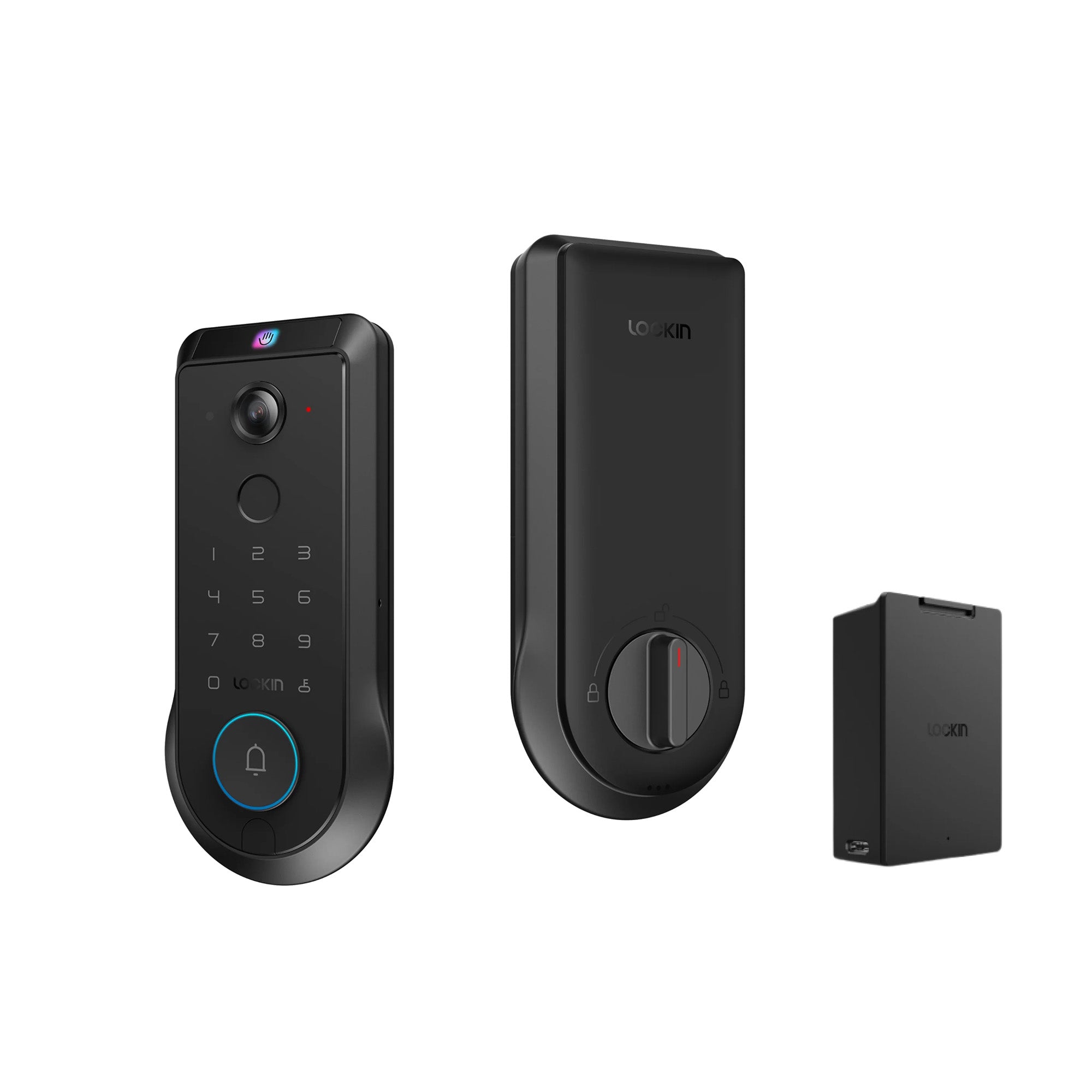 Set of smart lock components including a keypad, lock body, and battery pack on a white background