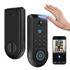 Smart door lock with fingerprint reader, keypad, and smartphone app interface on a white background