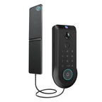 Smart doorbell with keypad and speaker on a white background