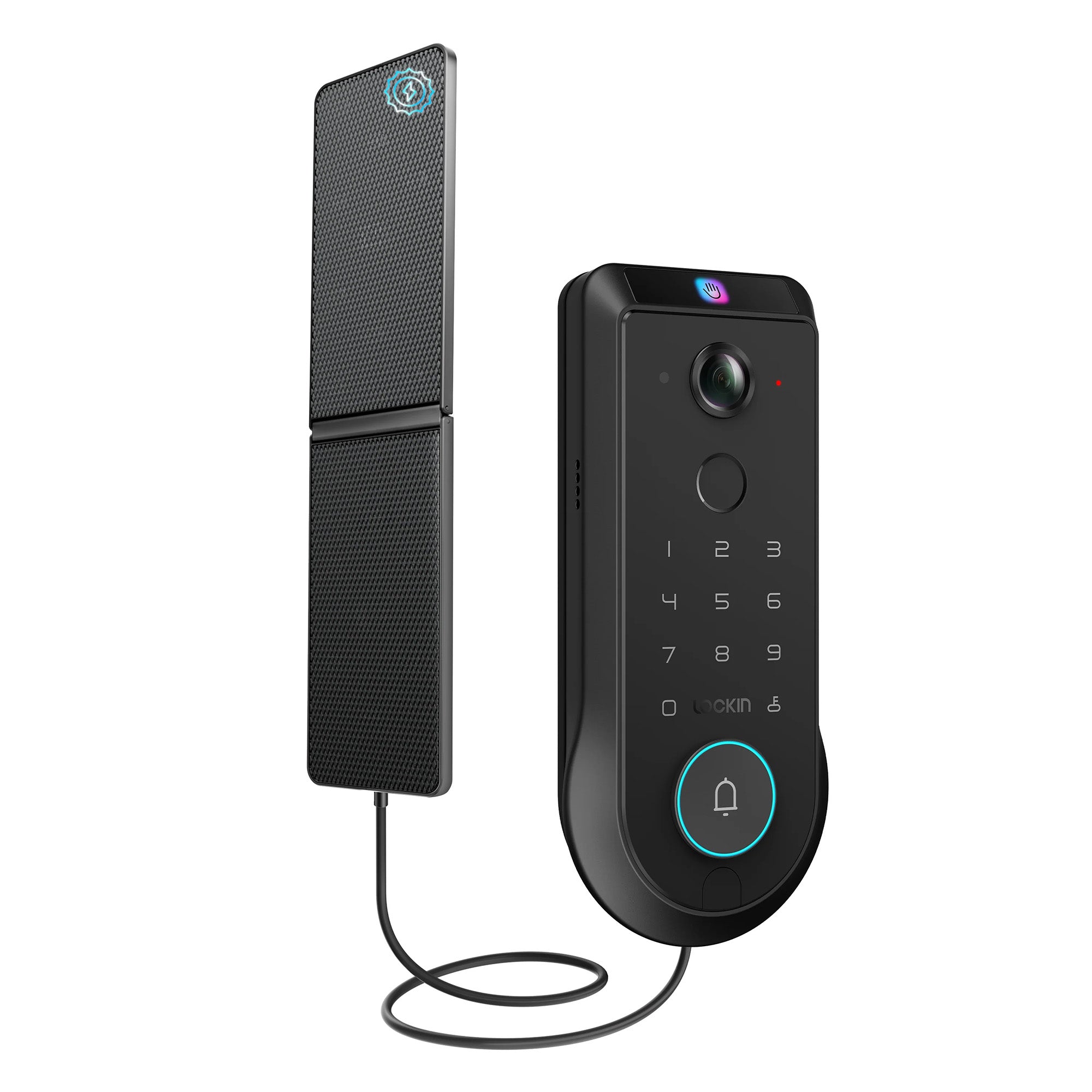 Smart doorbell with keypad and speaker on a white background