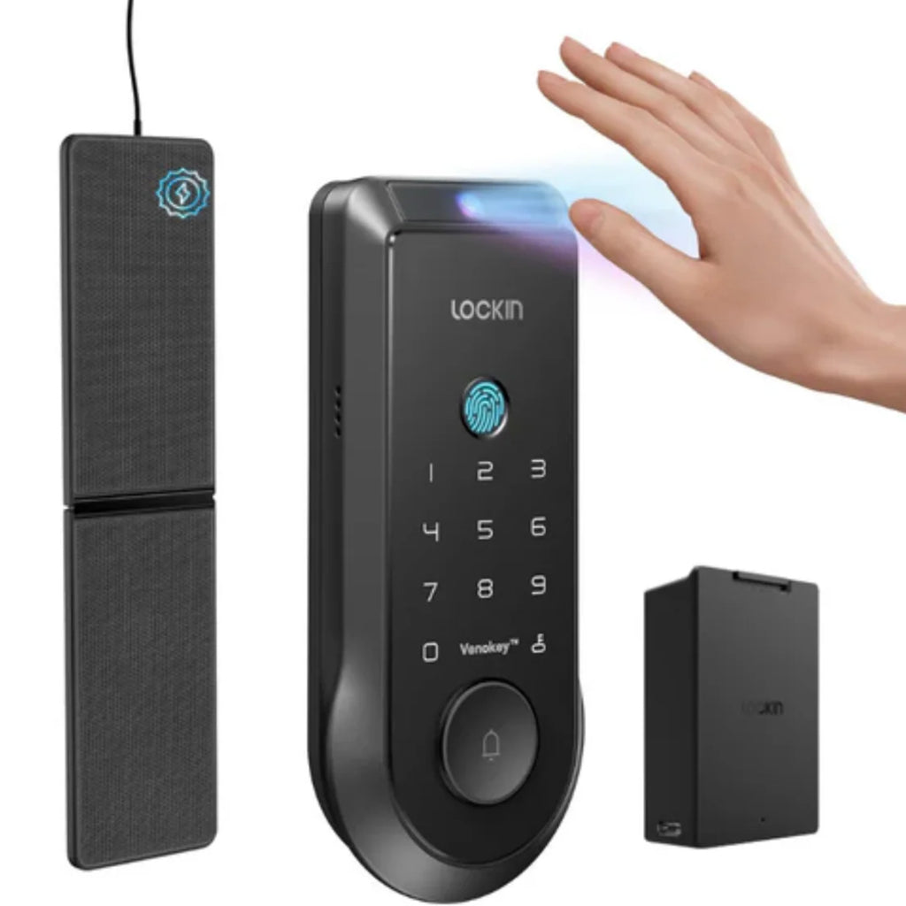 Smart door lock system with keypad, hand scanning, and additional device on a white background