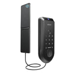 Smart door lock with solar and wireless connection cable on a white background