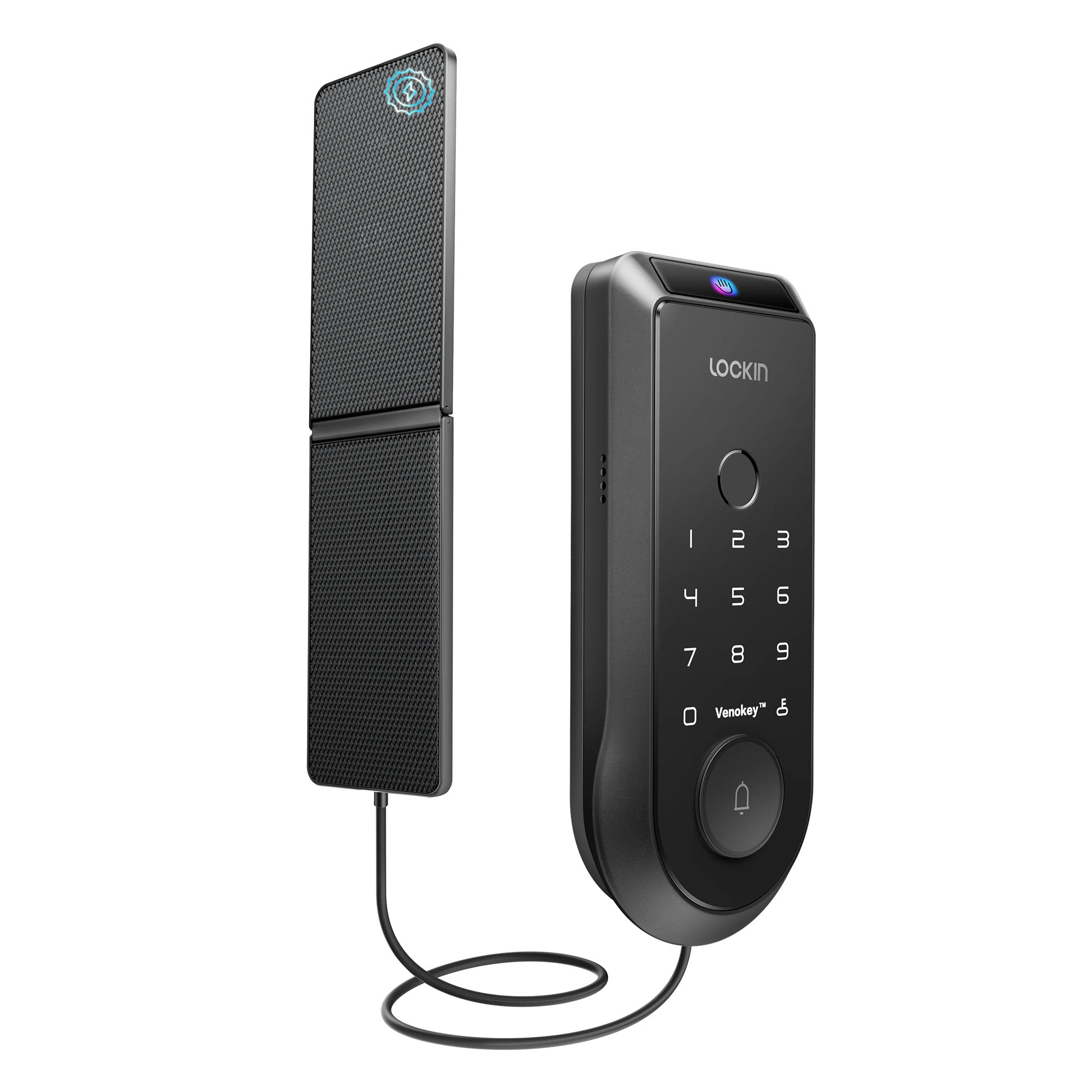 Smart door lock with solar and wireless connection cable on a white background