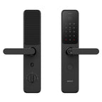 Black door handle with digital keypad on a white background