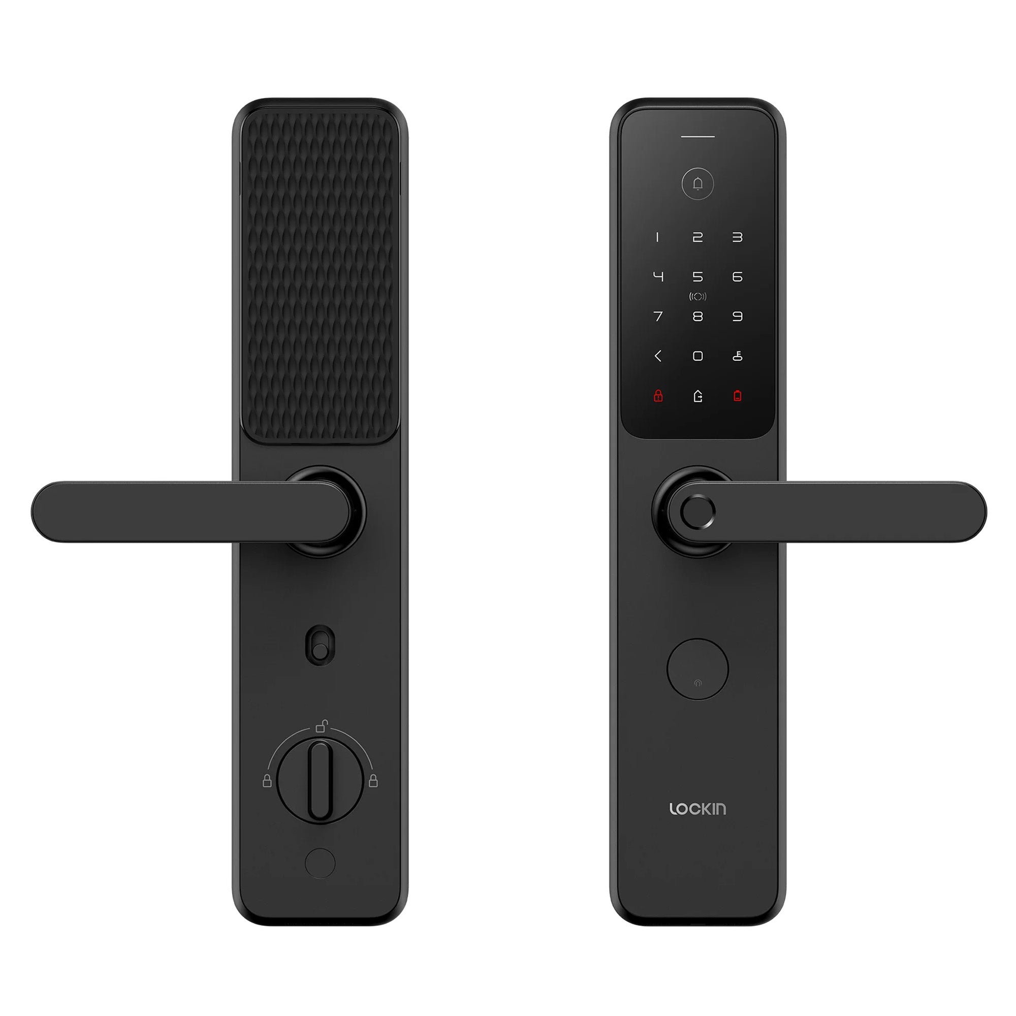 Black door handle with digital keypad on a white background