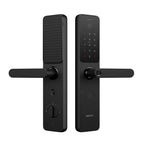 Black digital door lock with keypad on a white background