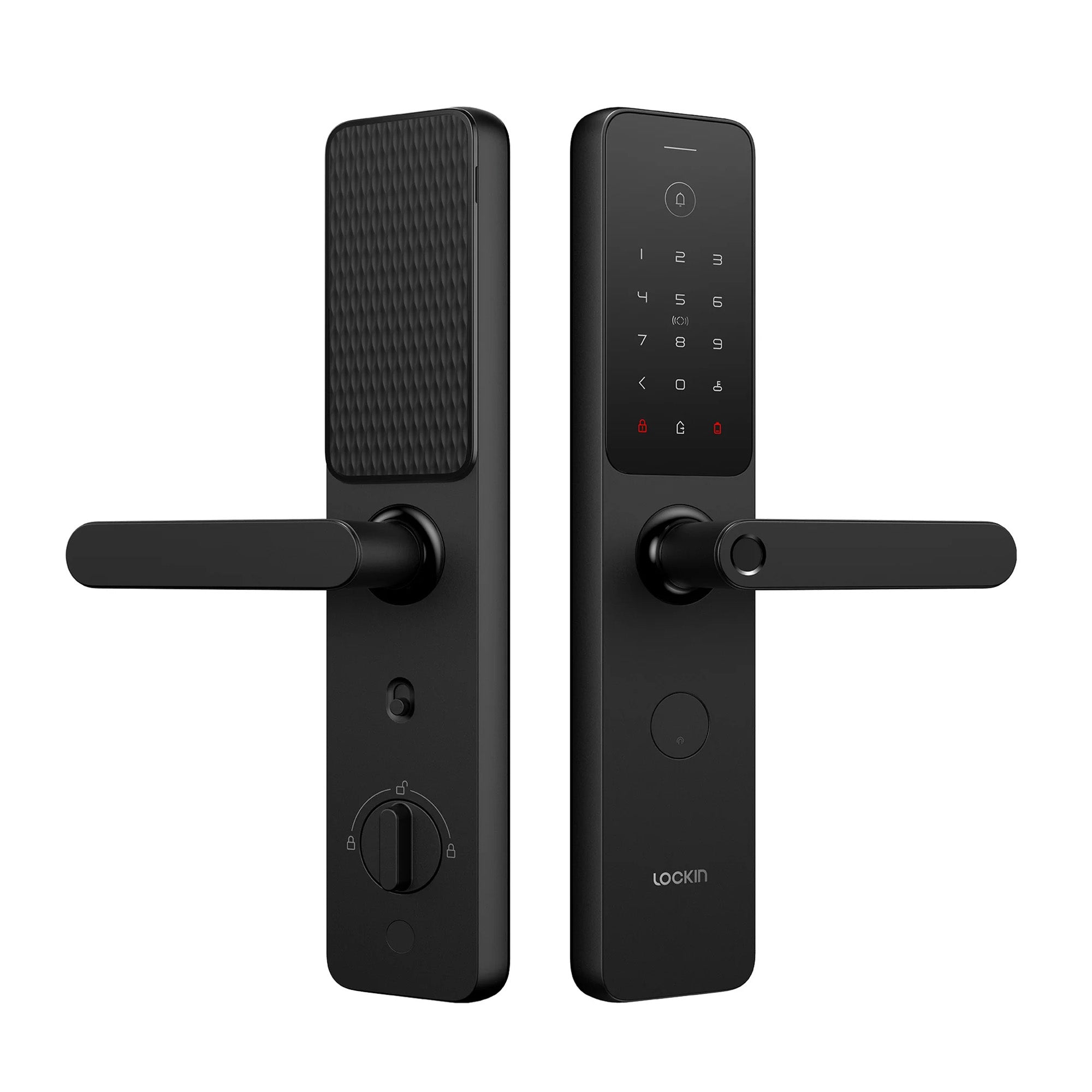 Black digital door lock with keypad on a white background