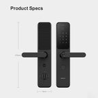 Black door handle with digital keypad and measurement details on a white background
