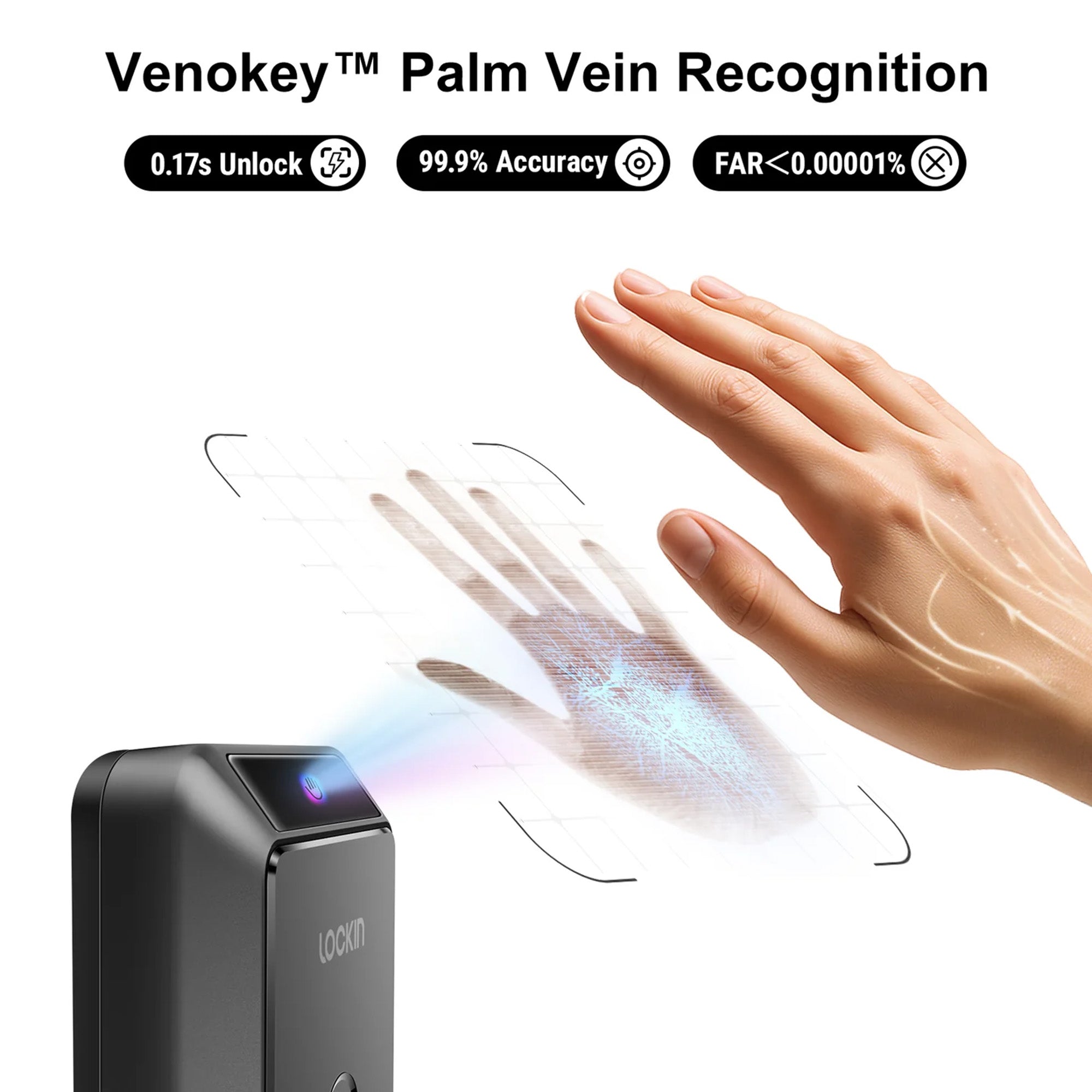 Venokey palm vein recognition device with a hand approaching it on a white background