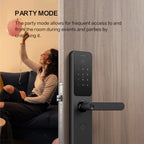 Smart door lock with a woman sitting on a couch holding a balloon, text explaining party mode.