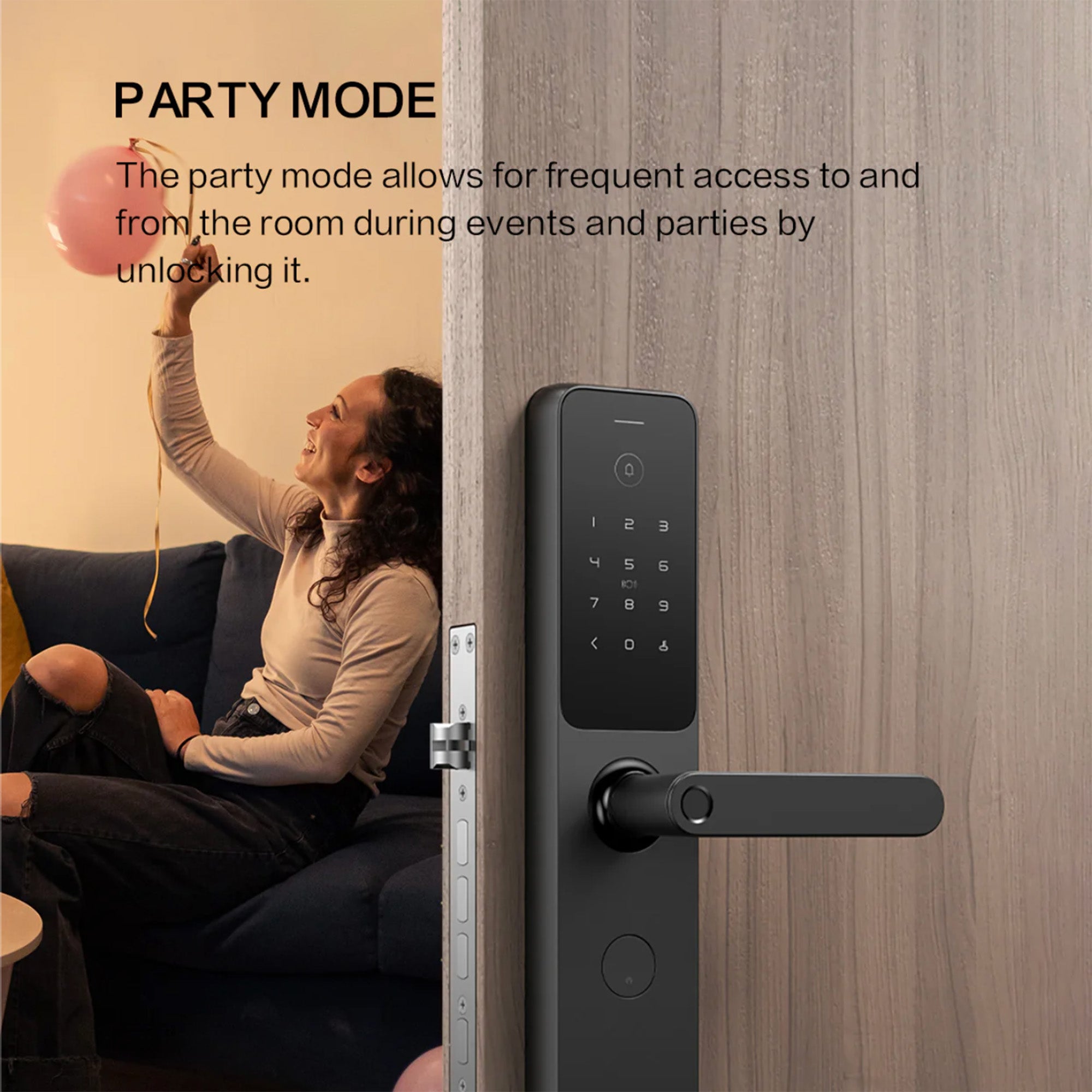 Smart door lock with a woman sitting on a couch holding a balloon, text explaining party mode.