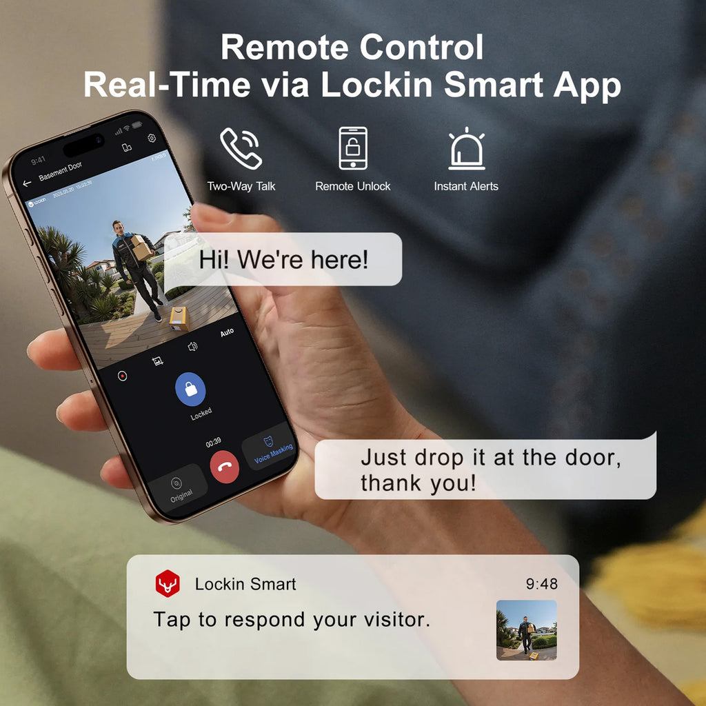 Person holding a smartphone with Lockin Smart app interface showing remote control features.