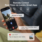 Person holding a smartphone with Lockin Smart app interface showing remote control features.