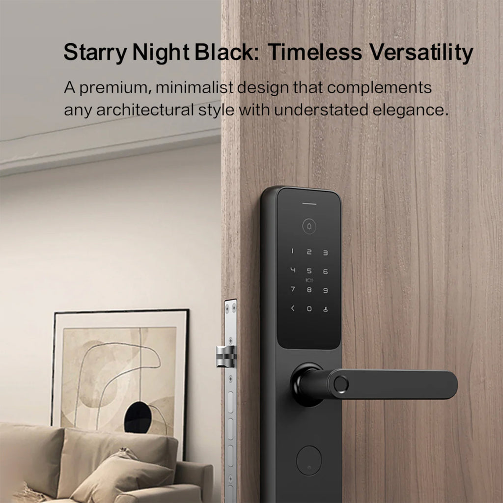 Smart door lock with 'Starry Night Black' text on a wooden door.