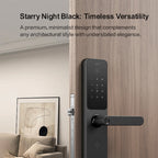 Smart door lock with 'Starry Night Black' text on a wooden door.