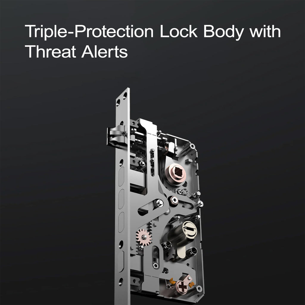 Mechanical lock body with 'Triple-Protection Lock Body with Threat Alerts' text on a dark background