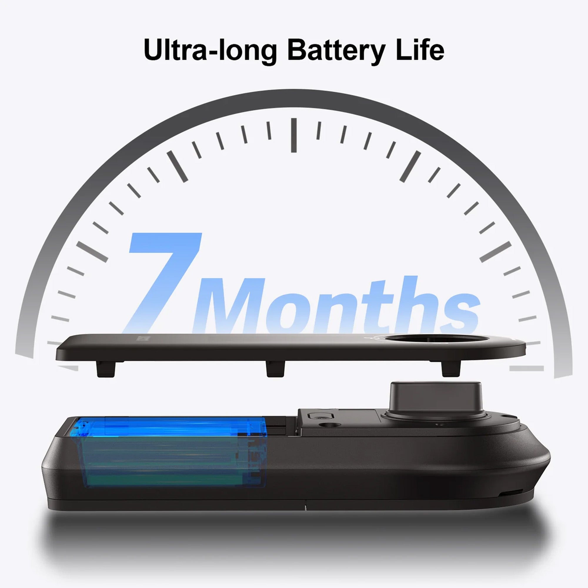 Product with a battery indicator showing 7 months of usage on a white background