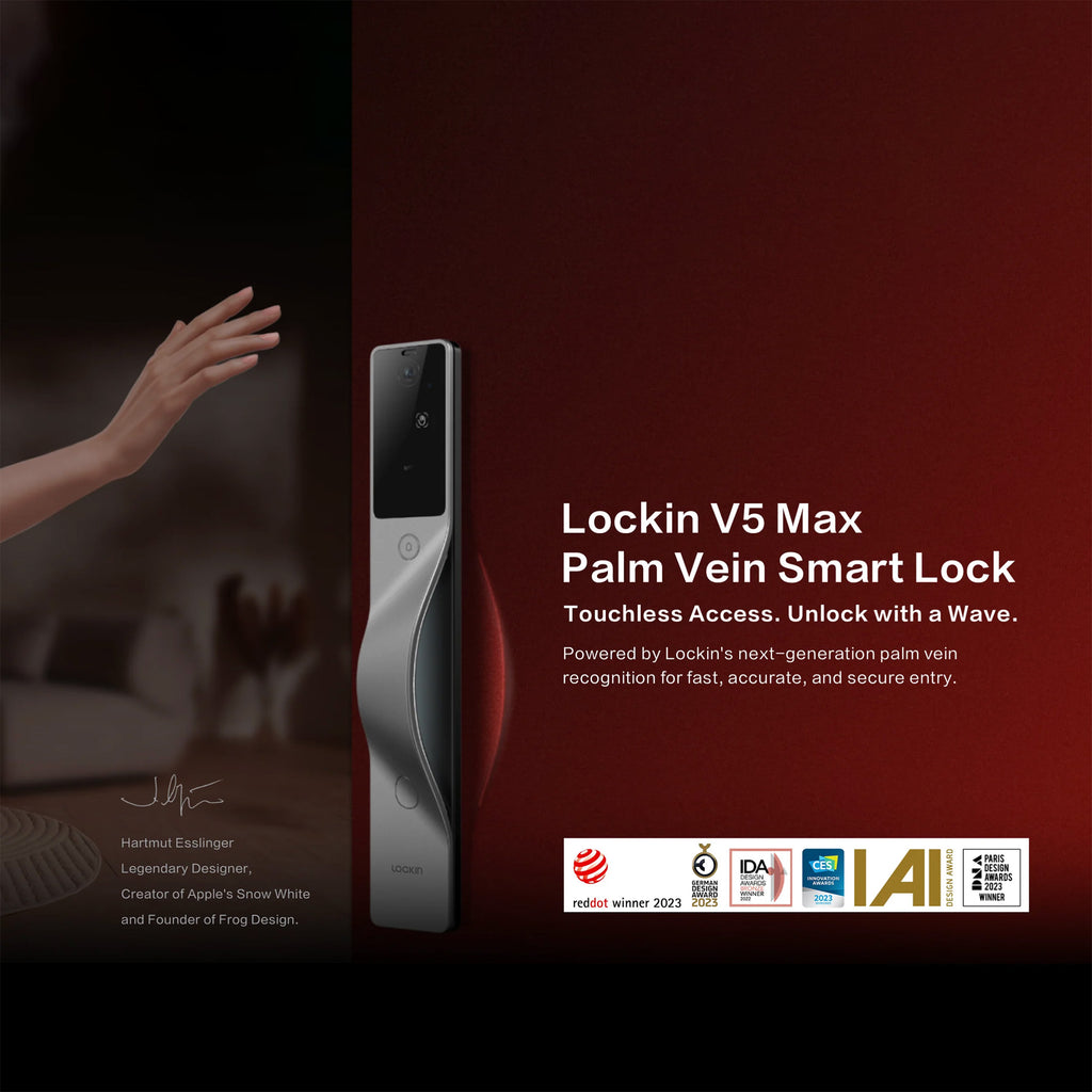 Lockin V5 Max Palm Vein Smart Lock with branding and product details on a dark background