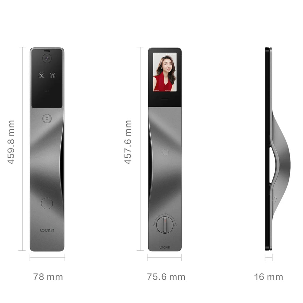 Smart door lock with dimensions displayed on a white background