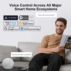 Man sitting on a couch with a smart device, surrounded by text about voice control across major smart home ecosystems.