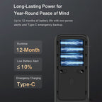 Battery pack with blue lights and text about long-lasting power on a dark background