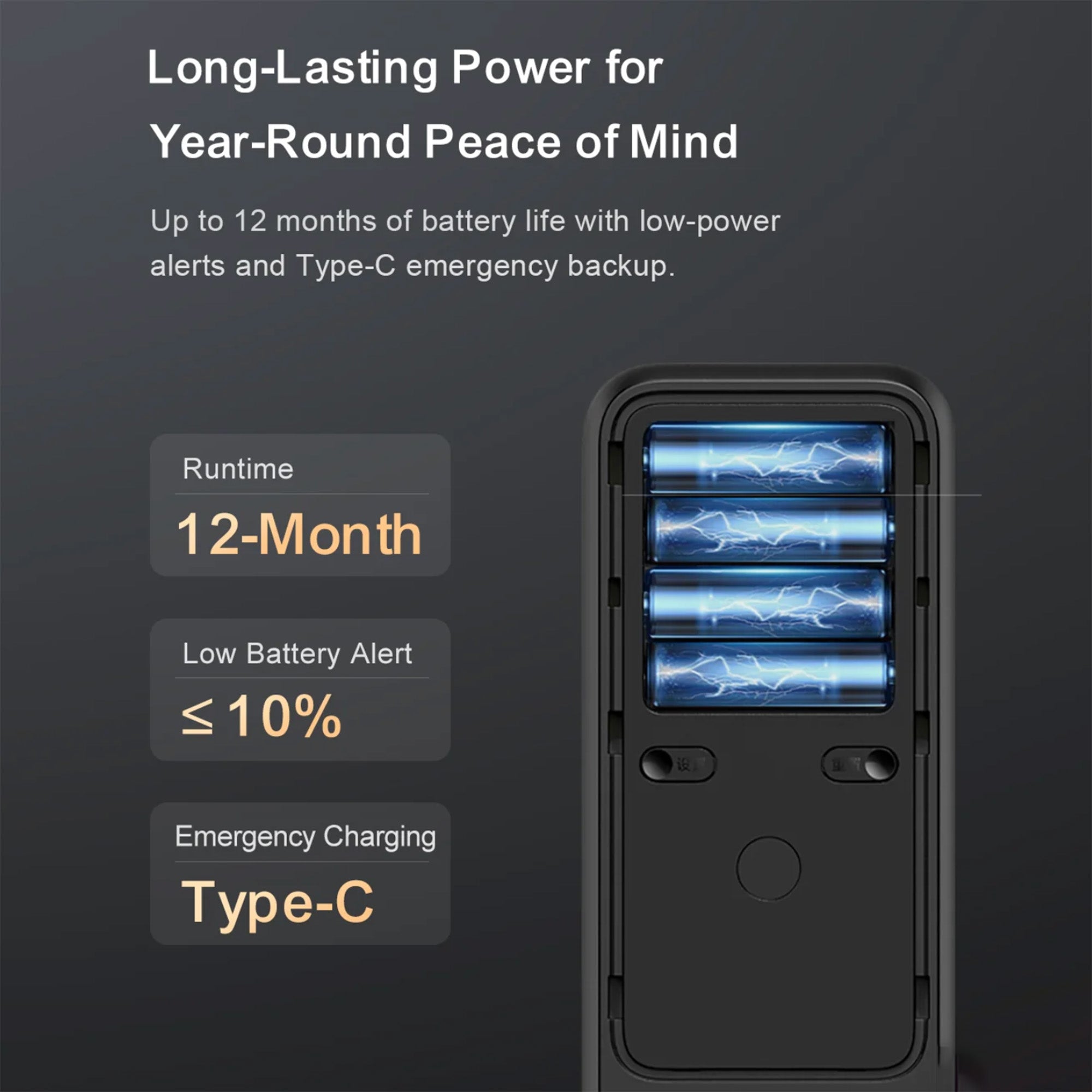 Battery pack with blue lights and text about long-lasting power on a dark background
